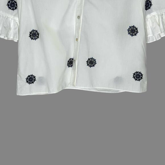 Zara Kara Top White with Blue Embroidery XS Button Front Boxy Peter Pan Collar - Picture 5 of 10